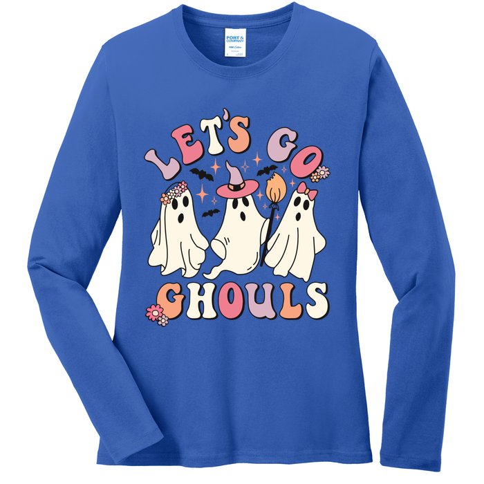 Let's Go Ghouls Funny Halloween Cute Groovy Ghost Retro Gift Ladies Long Sleeve Shirt