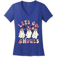 Let's Go Ghouls Funny Halloween Cute Groovy Ghost Retro Gift Women's V-Neck T-Shirt