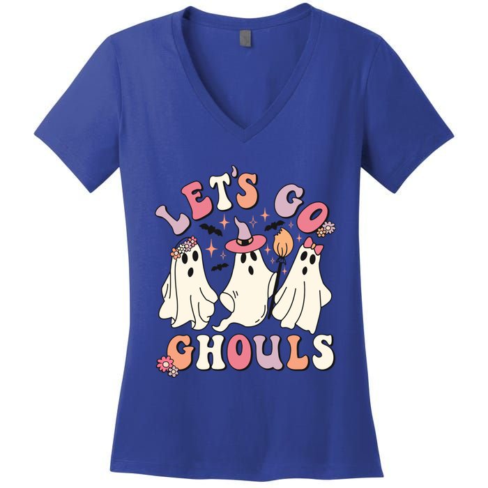 Let's Go Ghouls Funny Halloween Cute Groovy Ghost Retro Gift Women's V-Neck T-Shirt