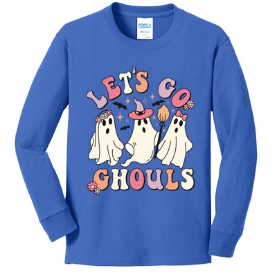 Let's Go Ghouls Funny Halloween Cute Groovy Ghost Retro Gift Kids Long Sleeve Shirt