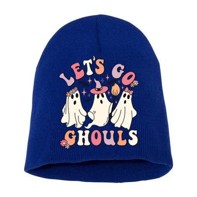 Let's Go Ghouls Funny Halloween Cute Groovy Ghost Retro Gift Short Acrylic Beanie