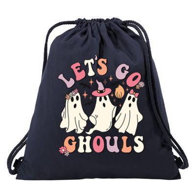 Let's Go Ghouls Funny Halloween Cute Groovy Ghost Retro Gift Drawstring Bag