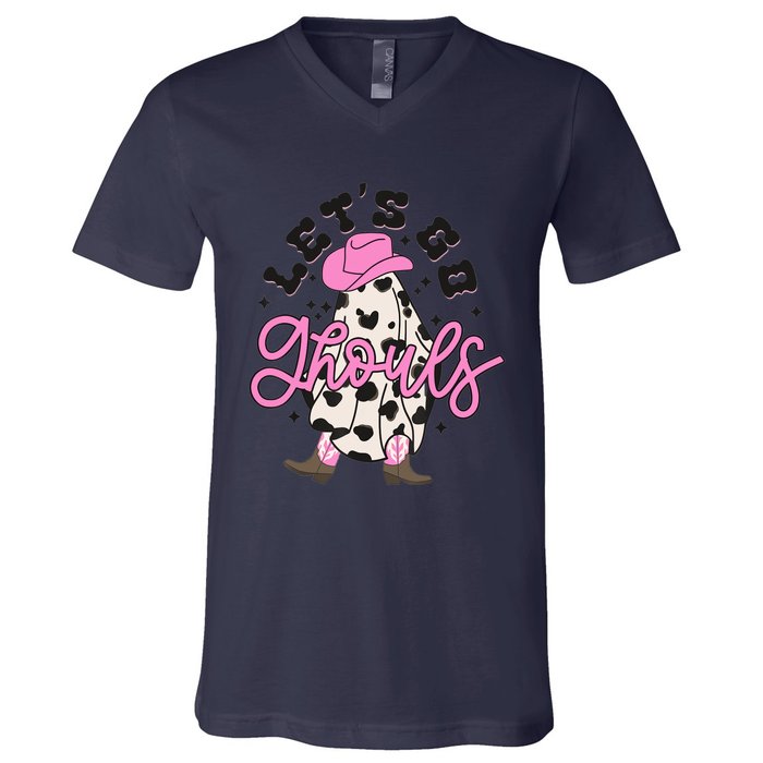 Let’s Go Ghouls Halloween Spooky Western Cowgirl Retro V-Neck T-Shirt