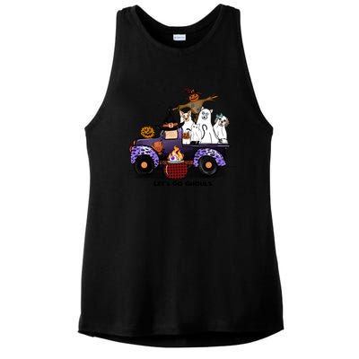 Let's Go Ghouls On Truck Funny Halloween Boo Witch Hat Cats Pumpkin Graphic Ladies PosiCharge Tri-Blend Wicking Tank