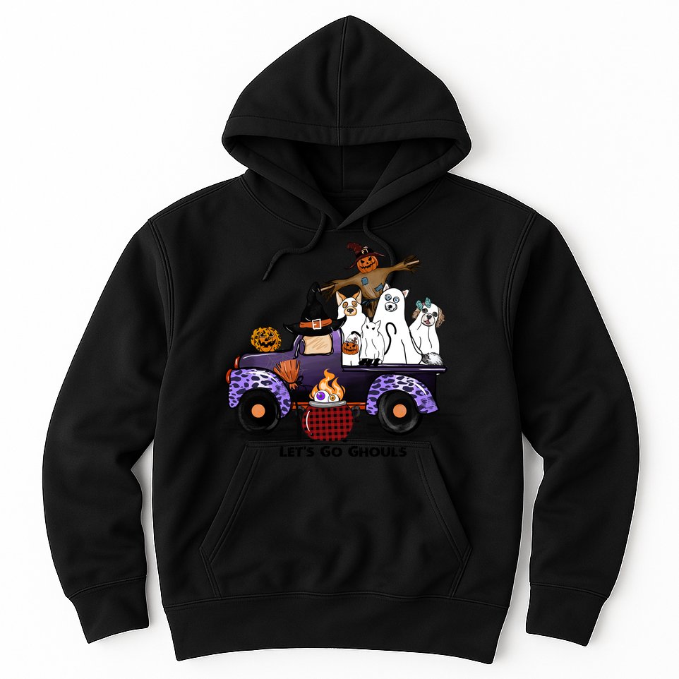 Let's Go Ghouls On Truck Funny Halloween Boo Witch Hat Cats Pumpkin Graphic Hoodie