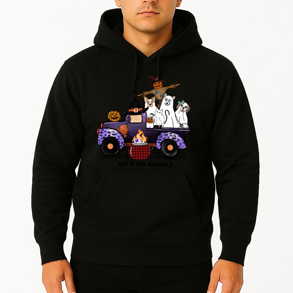 Let's Go Ghouls On Truck Funny Halloween Boo Witch Hat Cats Pumpkin Graphic Hoodie