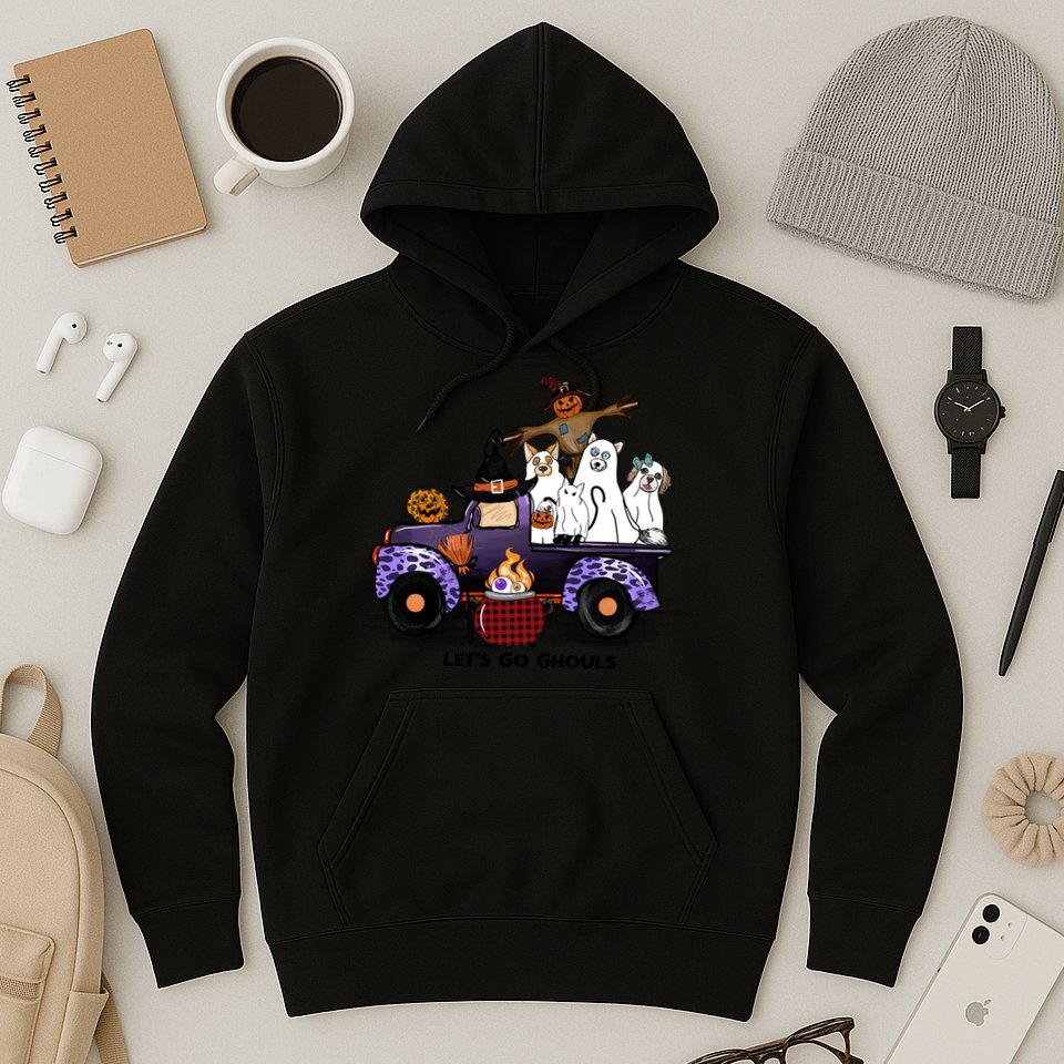 Let's Go Ghouls On Truck Funny Halloween Boo Witch Hat Cats Pumpkin Graphic Hoodie