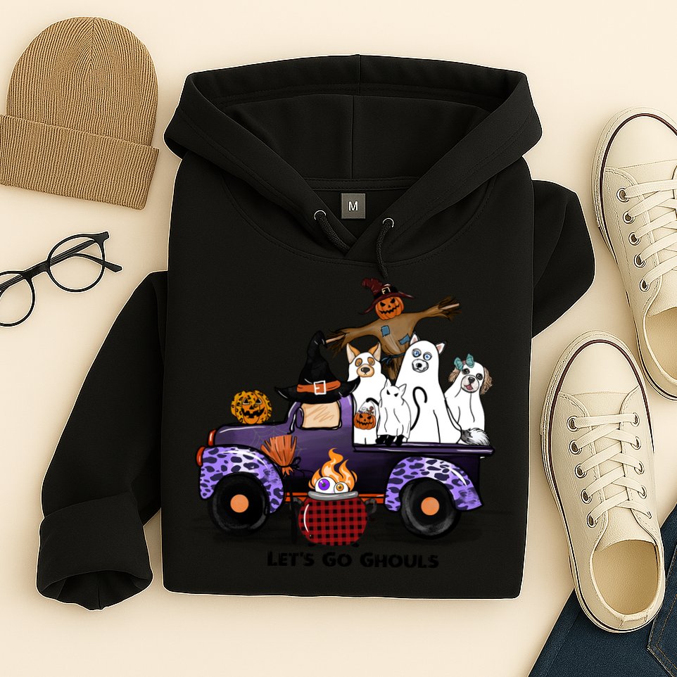 Let's Go Ghouls On Truck Funny Halloween Boo Witch Hat Cats Pumpkin Graphic Hoodie