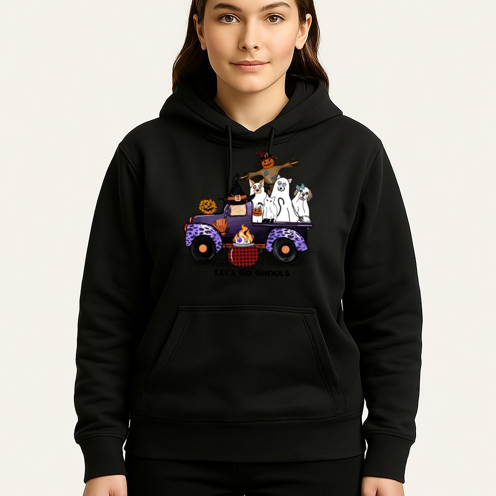 Let's Go Ghouls On Truck Funny Halloween Boo Witch Hat Cats Pumpkin Graphic Hoodie