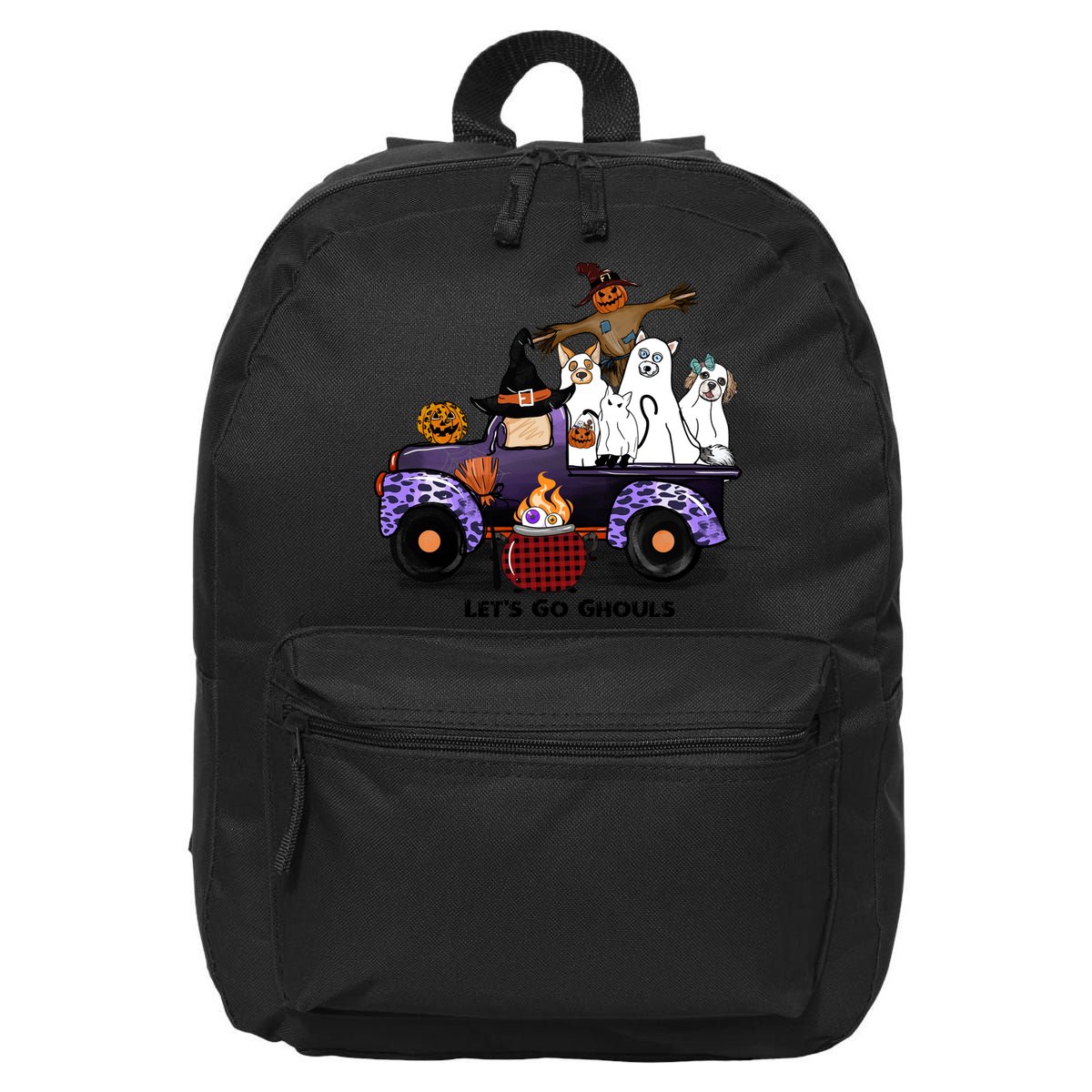 Let's Go Ghouls On Truck Funny Halloween Boo Witch Hat Cats Pumpkin Graphic 16 in Basic Backpack