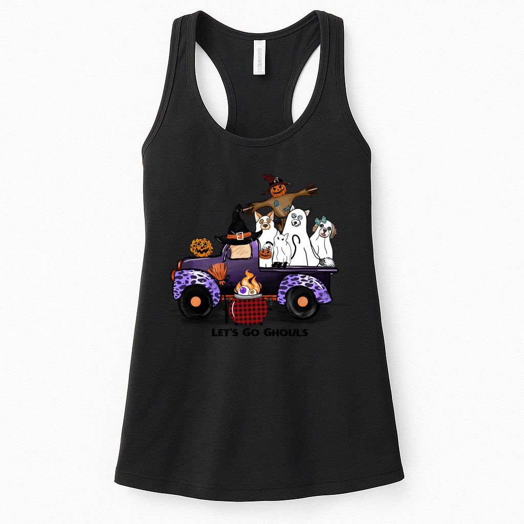 Let's Go Ghouls On Truck Funny Halloween Boo Witch Hat Cats Pumpkin Graphic Womens Tank Top