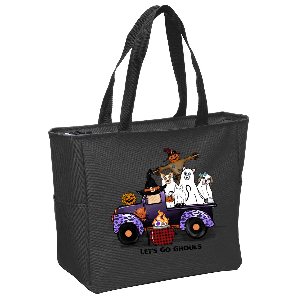 Let's Go Ghouls On Truck Funny Halloween Boo Witch Hat Cats Pumpkin Graphic Zip Tote Bag