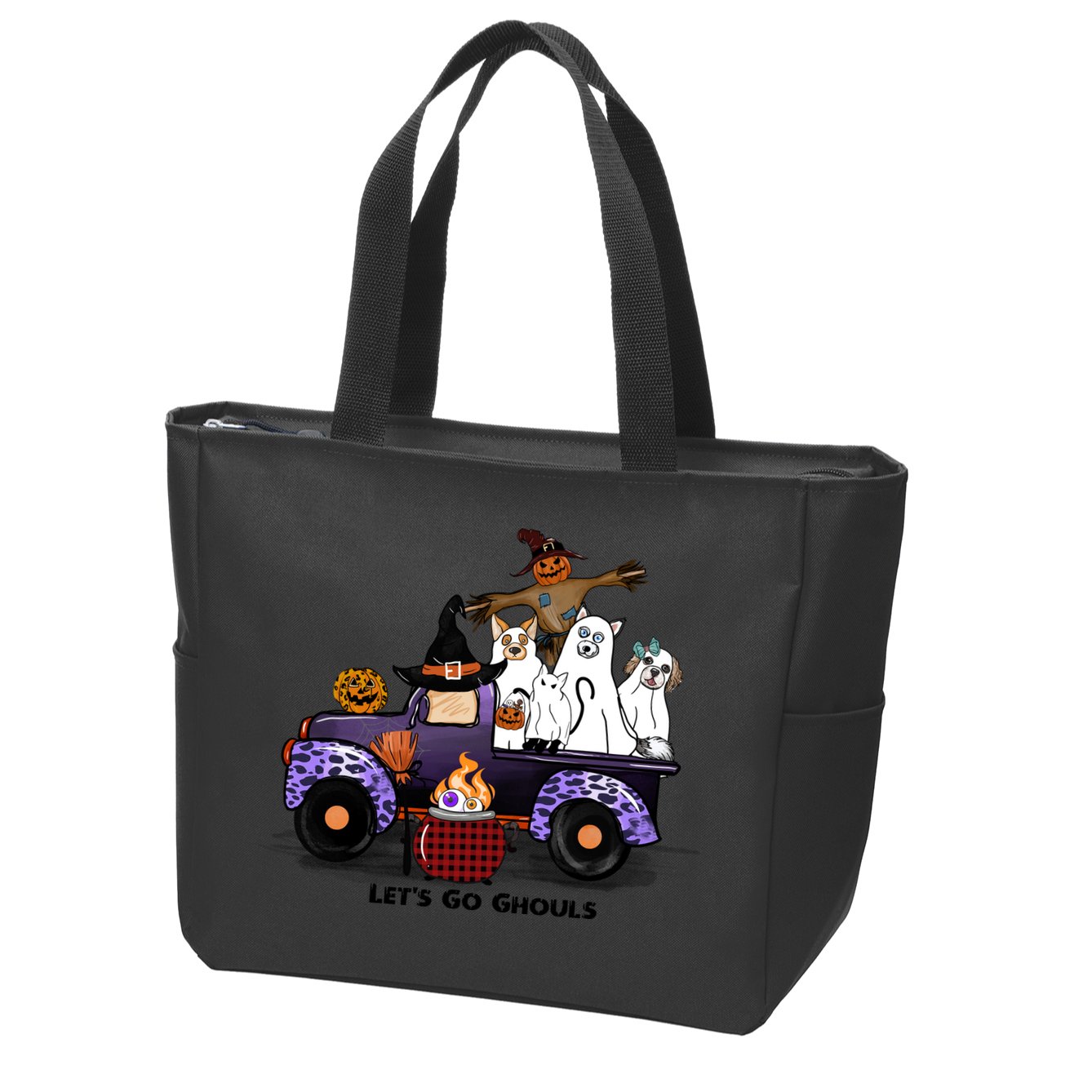 Let's Go Ghouls On Truck Funny Halloween Boo Witch Hat Cats Pumpkin Graphic Zip Tote Bag