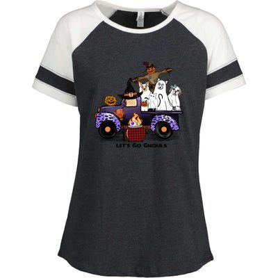 Let's Go Ghouls On Truck Funny Halloween Boo Witch Hat Cats Pumpkin Graphic Enza Ladies Jersey Colorblock Tee