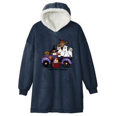 Let's Go Ghouls On Truck Funny Halloween Boo Witch Hat Cats Pumpkin Graphic Hooded Wearable Blanket