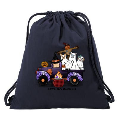 Let's Go Ghouls On Truck Funny Halloween Boo Witch Hat Cats Pumpkin Graphic Drawstring Bag