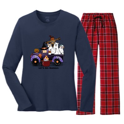 Let's Go Ghouls On Truck Funny Halloween Boo Witch Hat Cats Pumpkin Graphic Women's Long Sleeve Flannel Pajama Set 