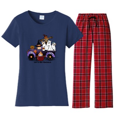 Let's Go Ghouls On Truck Funny Halloween Boo Witch Hat Cats Pumpkin Graphic Women's Flannel Pajama Set