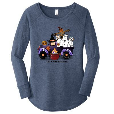 Let's Go Ghouls On Truck Funny Halloween Boo Witch Hat Cats Pumpkin Graphic Women's Perfect Tri Tunic Long Sleeve Shirt