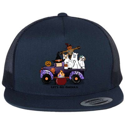 Let's Go Ghouls On Truck Funny Halloween Boo Witch Hat Cats Pumpkin Graphic Flat Bill Trucker Hat