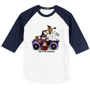 Let's Go Ghouls On Truck Funny Halloween Boo Witch Hat Cats Pumpkin Graphic Baseball Sleeve Shirt