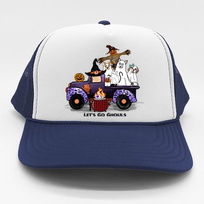 Let's Go Ghouls On Truck Funny Halloween Boo Witch Hat Cats Pumpkin Graphic Trucker Hat