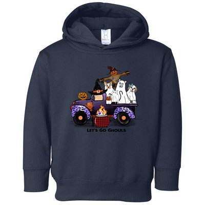 Let's Go Ghouls On Truck Funny Halloween Boo Witch Hat Cats Pumpkin Graphic Toddler Hoodie