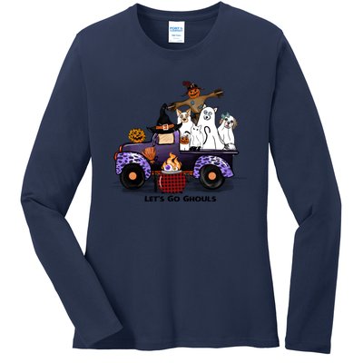 Let's Go Ghouls On Truck Funny Halloween Boo Witch Hat Cats Pumpkin Graphic Ladies Long Sleeve Shirt