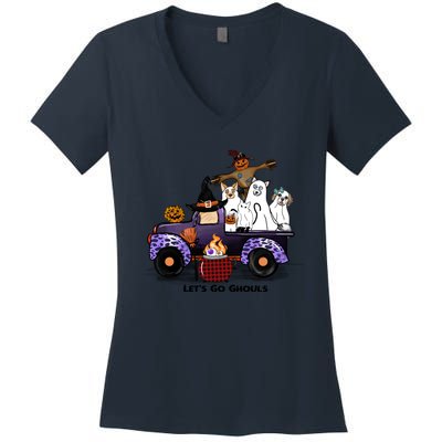 Let's Go Ghouls On Truck Funny Halloween Boo Witch Hat Cats Pumpkin Graphic Women's V-Neck T-Shirt