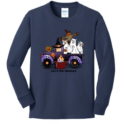 Let's Go Ghouls On Truck Funny Halloween Boo Witch Hat Cats Pumpkin Graphic Kids Long Sleeve Shirt