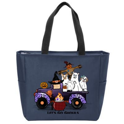 Let's Go Ghouls On Truck Funny Halloween Boo Witch Hat Cats Pumpkin Graphic Zip Tote Bag