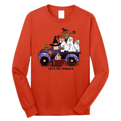 Let's Go Ghouls On Truck Funny Halloween Boo Witch Hat Cats Pumpkin Graphic Long Sleeve Shirt