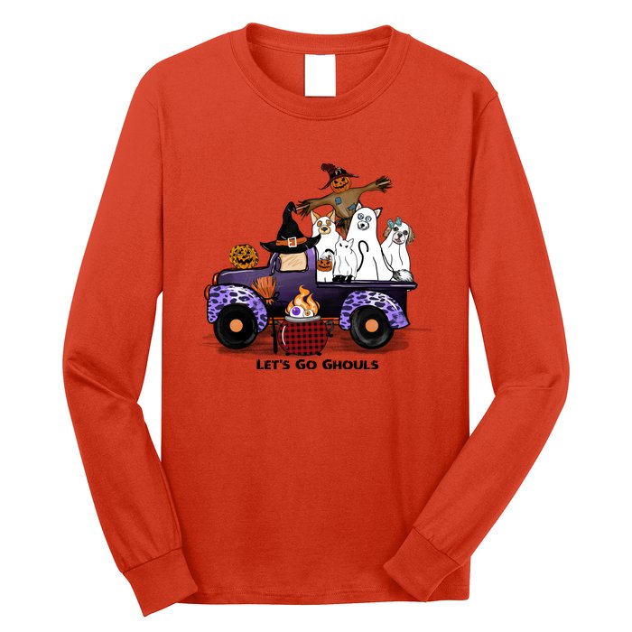 Let's Go Ghouls On Truck Funny Halloween Boo Witch Hat Cats Pumpkin Graphic Long Sleeve Shirt