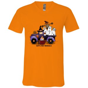 Let's Go Ghouls On Truck Funny Halloween Boo Witch Hat Cats Pumpkin Graphic V-Neck T-Shirt