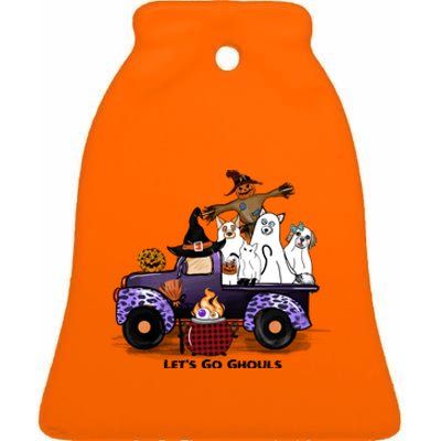 Let's Go Ghouls On Truck Funny Halloween Boo Witch Hat Cats Pumpkin Graphic Ceramic Bell Ornament