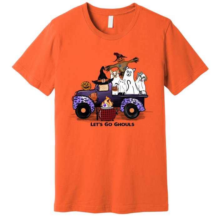 Let's Go Ghouls On Truck Funny Halloween Boo Witch Hat Cats Pumpkin Graphic Premium T-Shirt