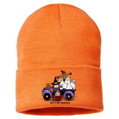 Let's Go Ghouls On Truck Funny Halloween Boo Witch Hat Cats Pumpkin Graphic Sustainable Knit Beanie