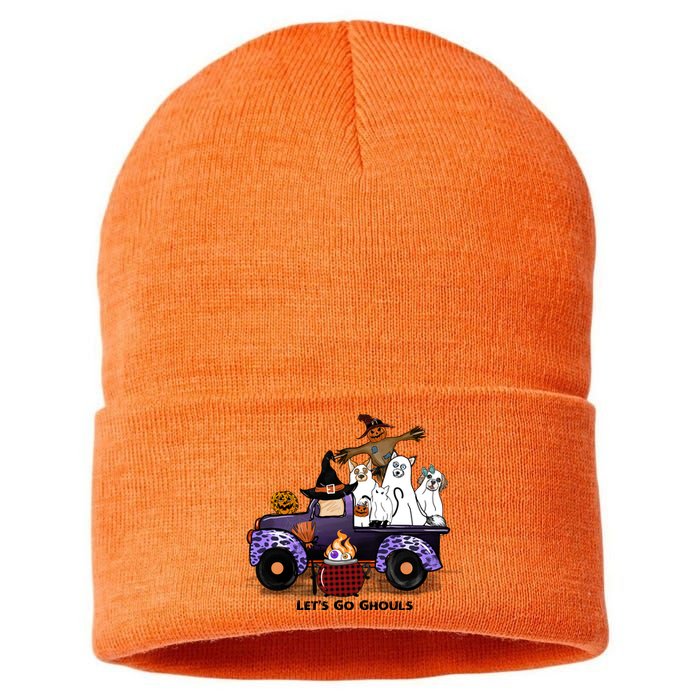 Let's Go Ghouls On Truck Funny Halloween Boo Witch Hat Cats Pumpkin Graphic Sustainable Knit Beanie