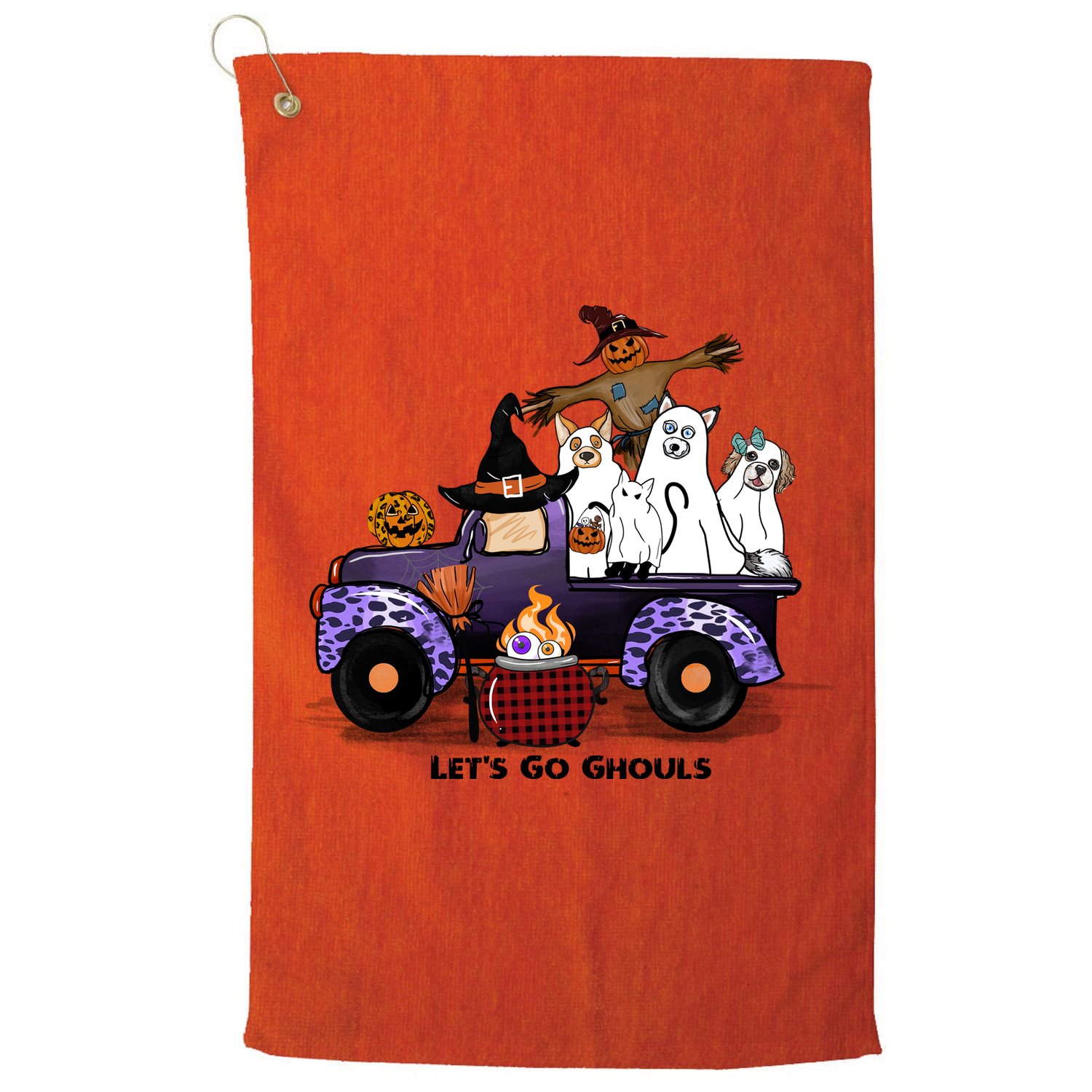 Let's Go Ghouls On Truck Funny Halloween Boo Witch Hat Cats Pumpkin Graphic Golf Towel