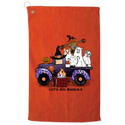 Let's Go Ghouls On Truck Funny Halloween Boo Witch Hat Cats Pumpkin Graphic Platinum Collection Golf Towel