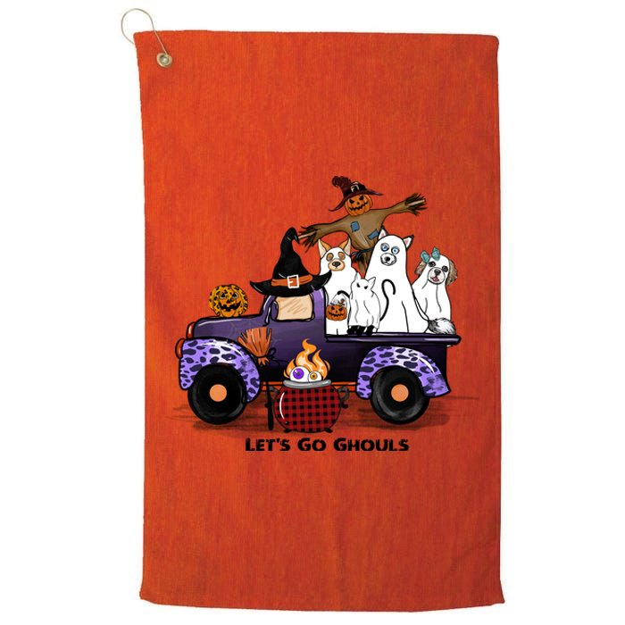 Let's Go Ghouls On Truck Funny Halloween Boo Witch Hat Cats Pumpkin Graphic Platinum Collection Golf Towel