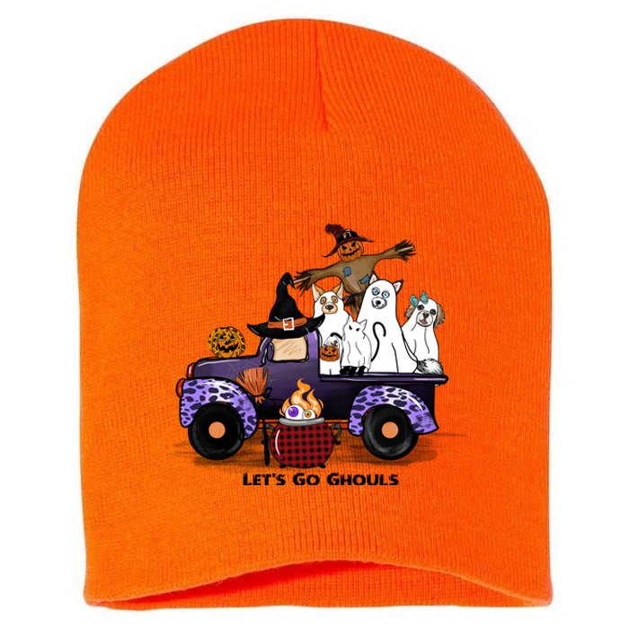 Let's Go Ghouls On Truck Funny Halloween Boo Witch Hat Cats Pumpkin Graphic Short Acrylic Beanie