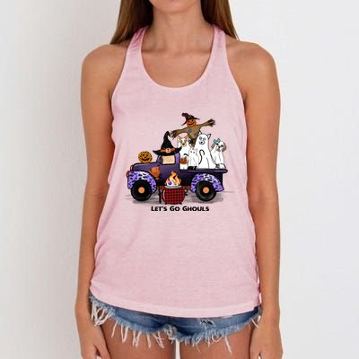 Let's Go Ghouls On Truck Funny Halloween Boo Witch Hat Cats Pumpkin Graphic Women's Knotted Racerback Tank