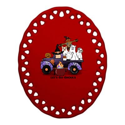 Let's Go Ghouls On Truck Funny Halloween Boo Witch Hat Cats Pumpkin Graphic Ceramic Oval Ornament