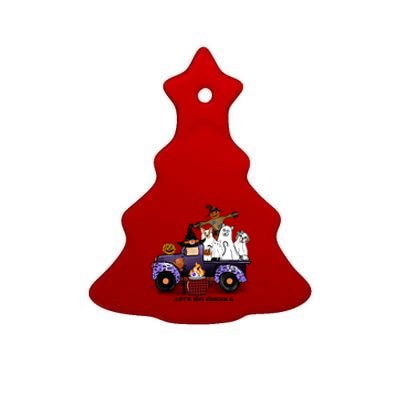 Let's Go Ghouls On Truck Funny Halloween Boo Witch Hat Cats Pumpkin Graphic Ceramic Tree Ornament