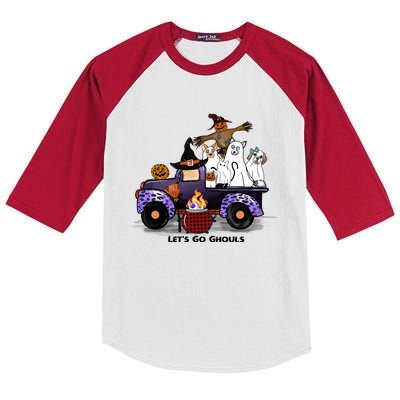 Let's Go Ghouls On Truck Funny Halloween Boo Witch Hat Cats Pumpkin Graphic Kids Colorblock Raglan Jersey