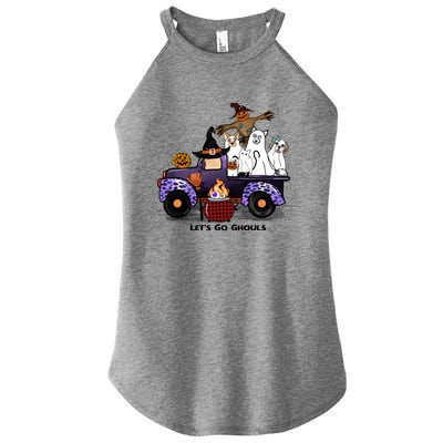 Let's Go Ghouls On Truck Funny Halloween Boo Witch Hat Cats Pumpkin Graphic Women's Perfect Tri Rocker Tank