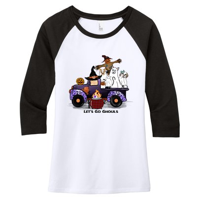 Let's Go Ghouls On Truck Funny Halloween Boo Witch Hat Cats Pumpkin Graphic Women's Tri-Blend 3/4-Sleeve Raglan Shirt