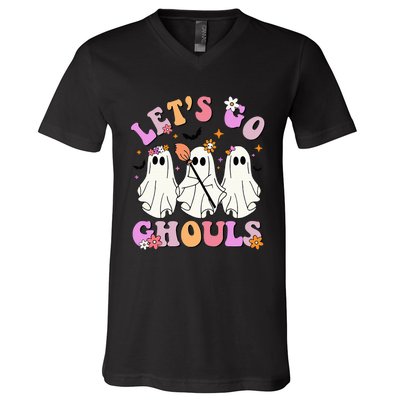 Lets Go Ghouls Halloween Ghost Outfit Costume Retro Groovy V-Neck T-Shirt