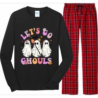 Lets Go Ghouls Halloween Ghost Outfit Costume Retro Groovy Long Sleeve Pajama Set